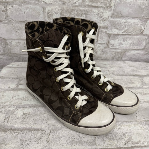 COACH Bonney Signature Sweater Lines Brown High Top‎ Sneakers Women’s 7 - Picture 1 of 6